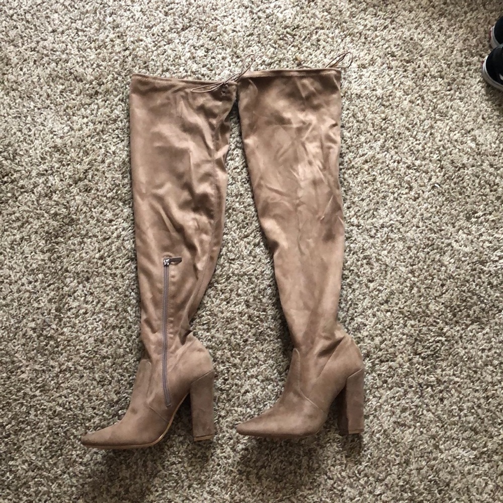 Thigh high suede heeled boots